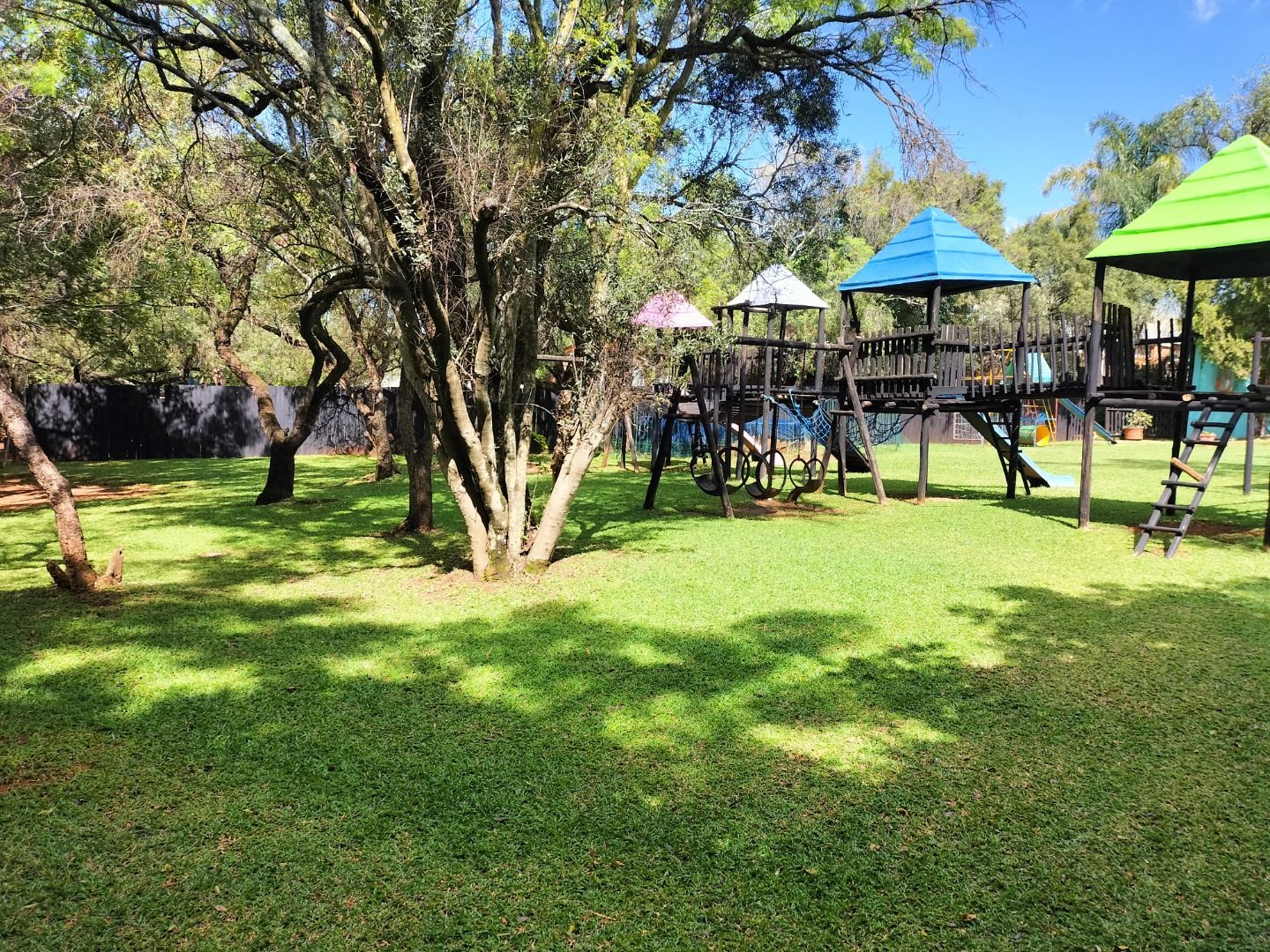 Colourful jungle gyms and climbing frames on the garden lawn