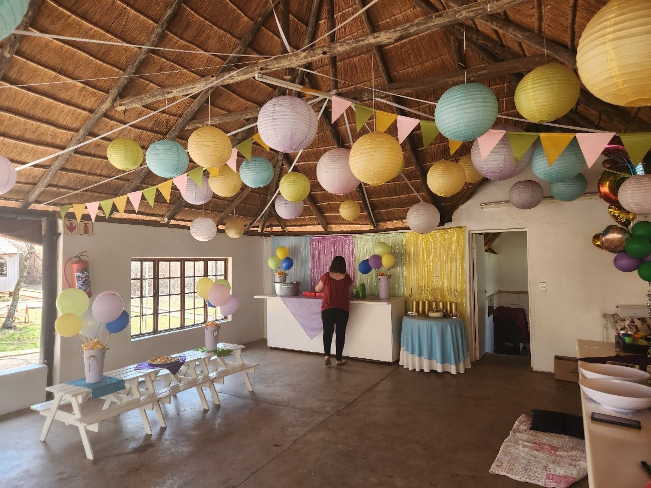 Hanging lanterns and paper decorations over the tables