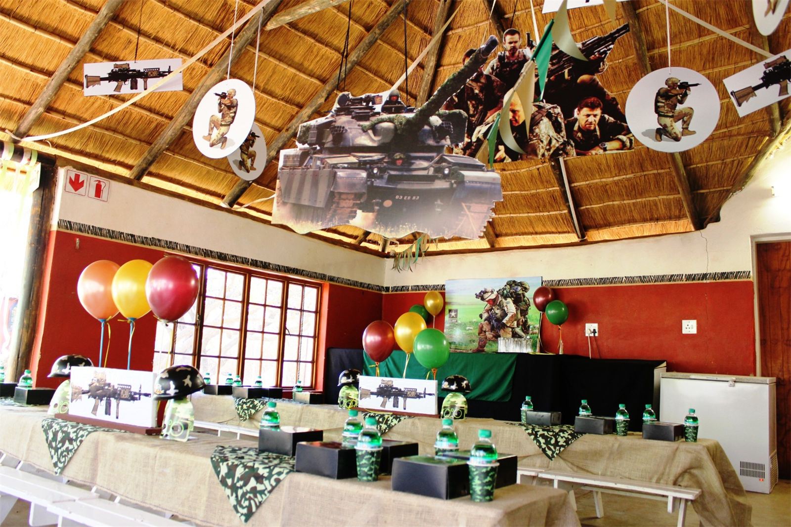 Aviation-themed d&eacute;cor with model planes hanging from the roof