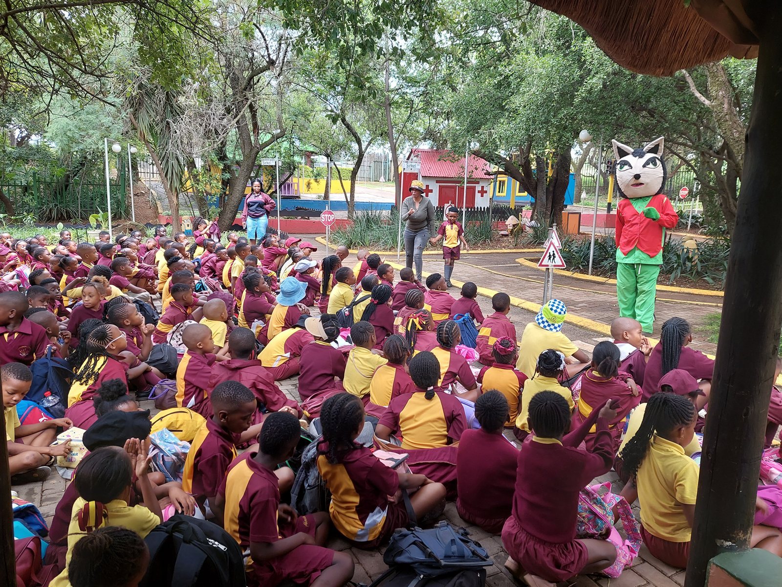School children listening to the road safety presentation