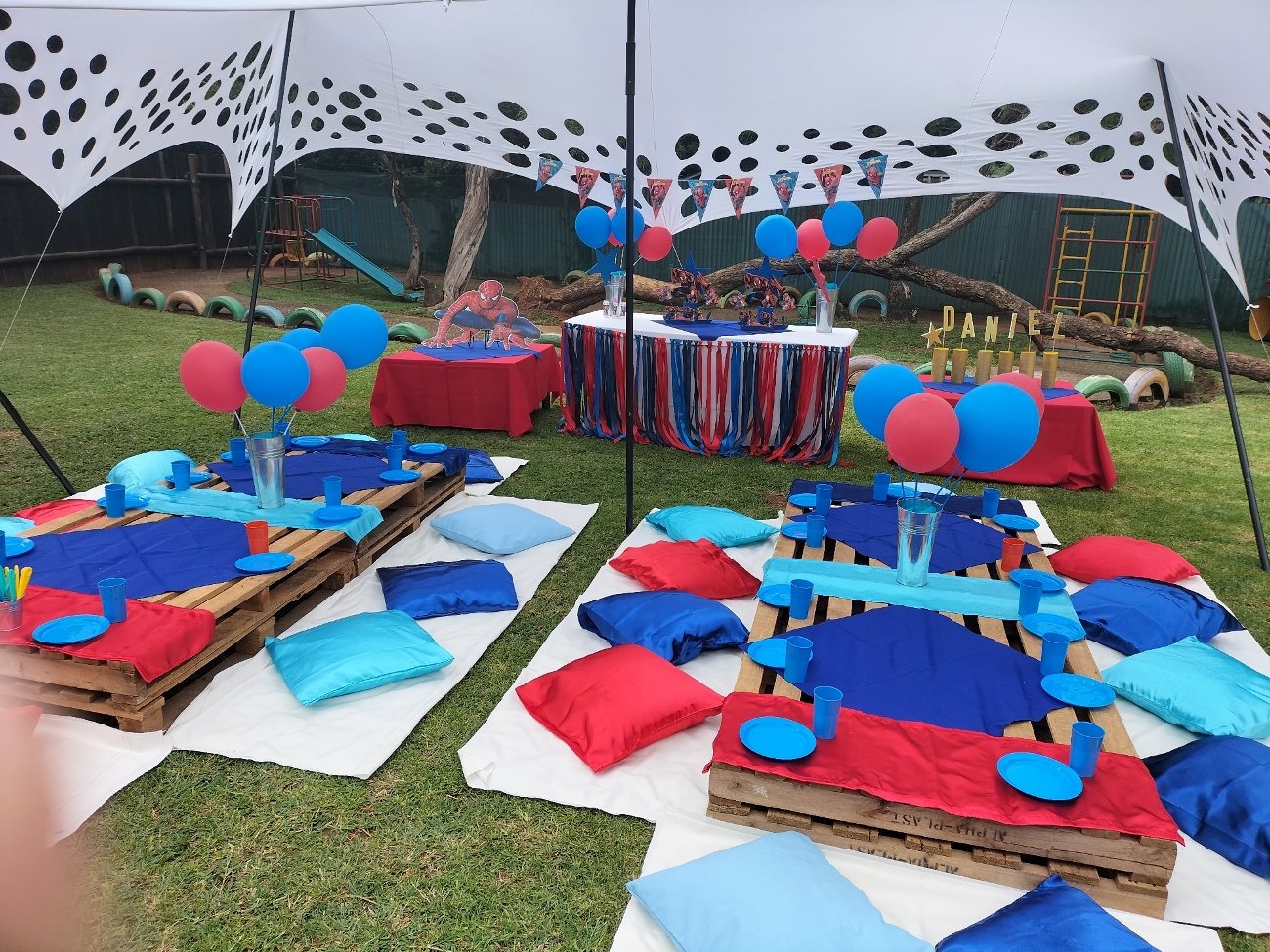 Pallet picnic tables with blue and red cushions on the grass